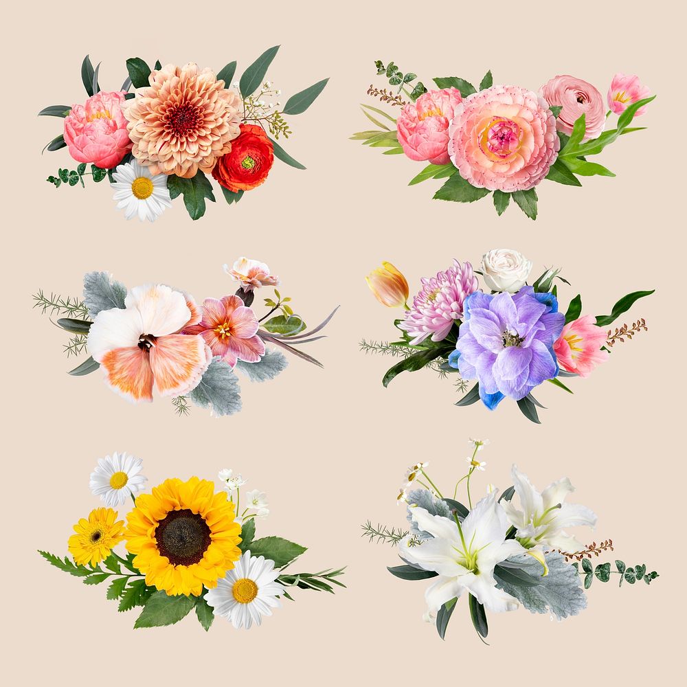 Floral collage elements, flowers, psd set