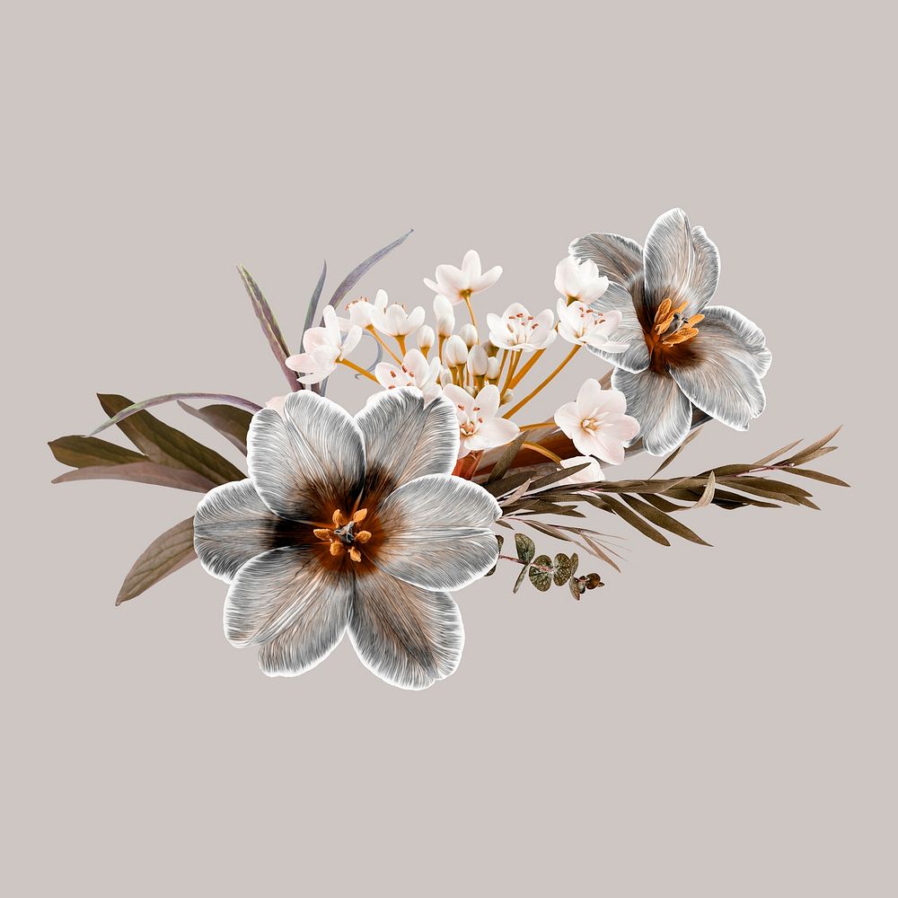 Flower bouquet sticker, greige aesthetic botanical psd design