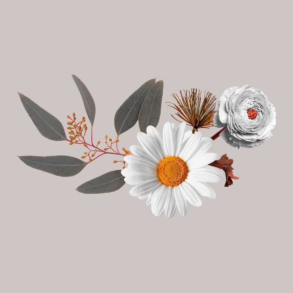 Flower bouquet sticker, greige aesthetic botanical psd design