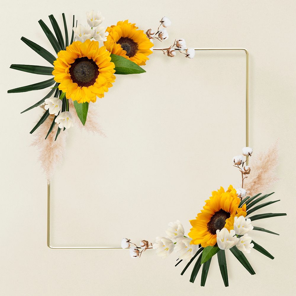 Cute sunflower flowers aesthetic frame background, botanical