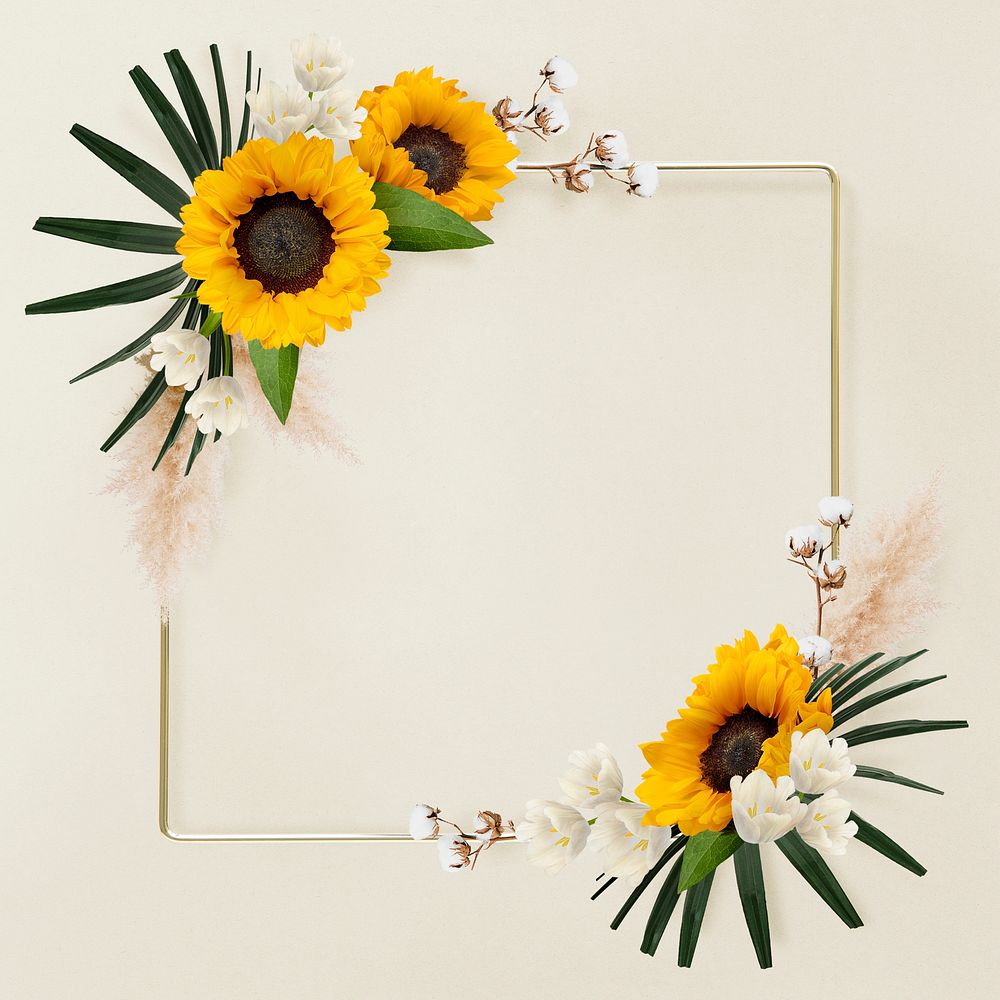 Gold sunflowers flower frame, floral psd design