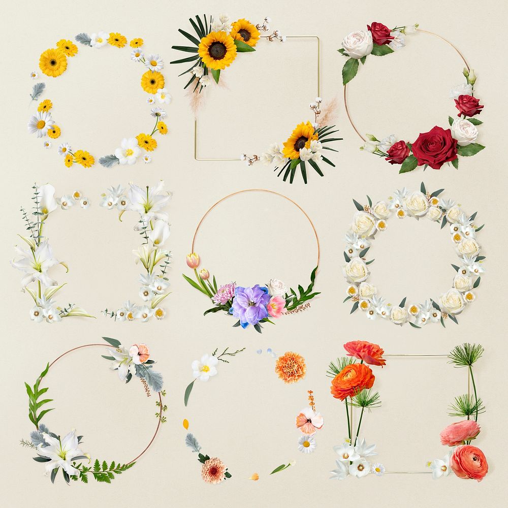 Floral frame stickers, feminine collage element psd set