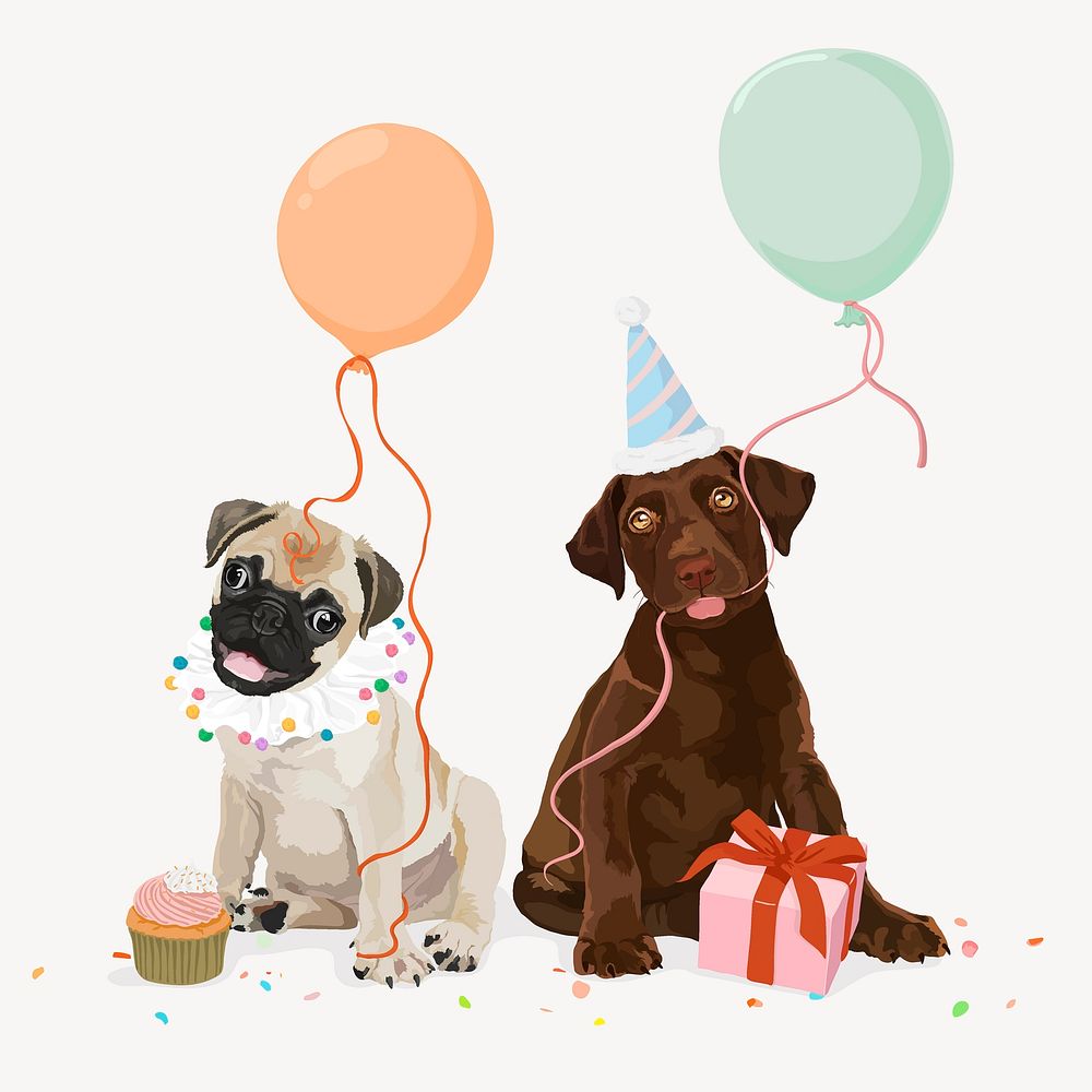 Party puppies illustration, balloons and gift box psd
