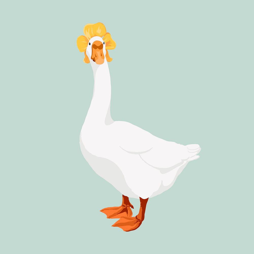 Cute duck wearing flower hat illustration, animal clipart