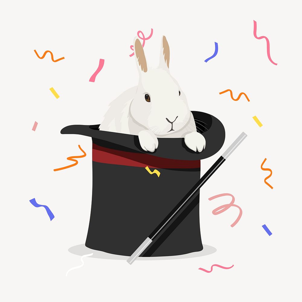 Magic trick performance, rabbit in top hat vectorized illustration
