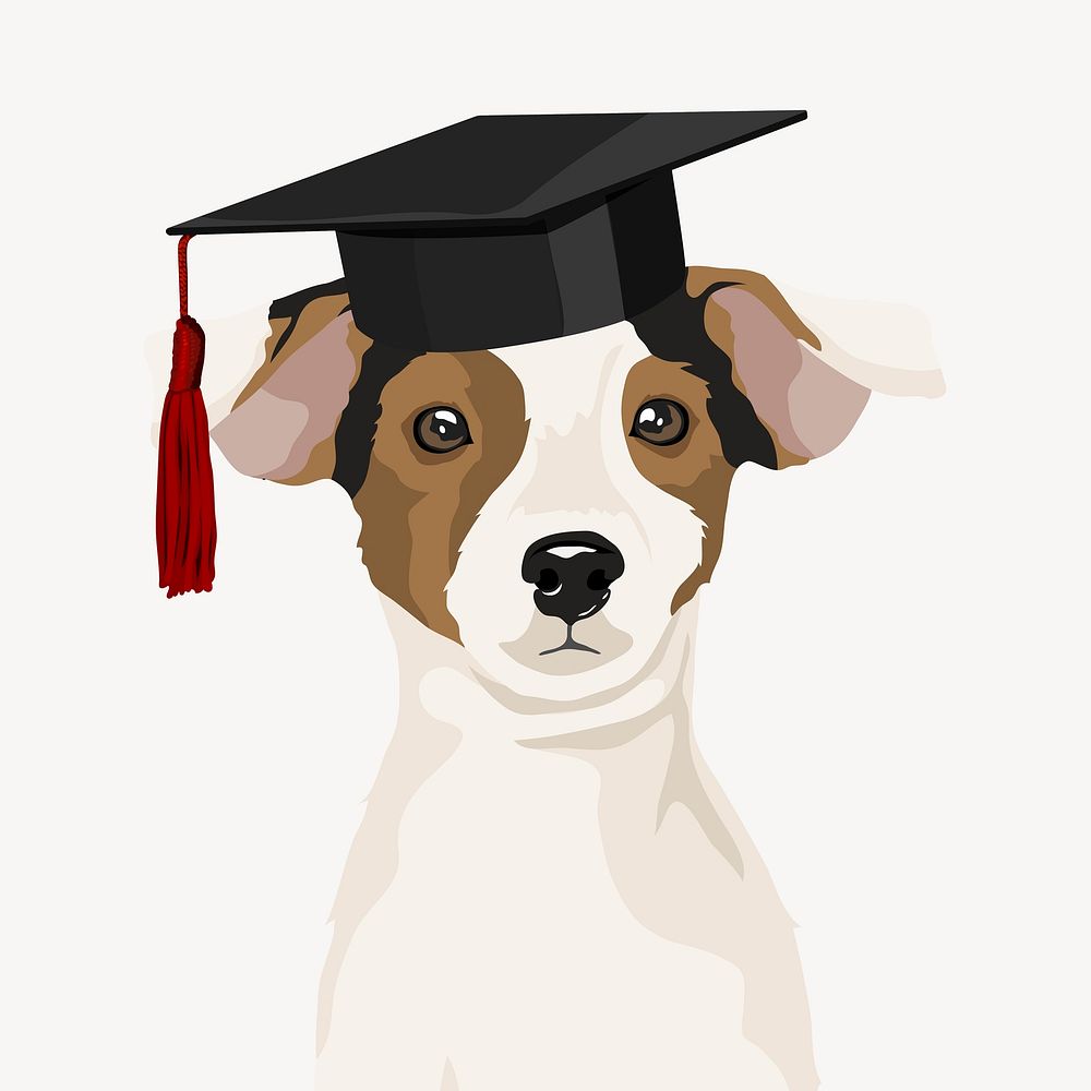 Smart puppy illustration, Jack Russell Terrier wearing graduation cap
