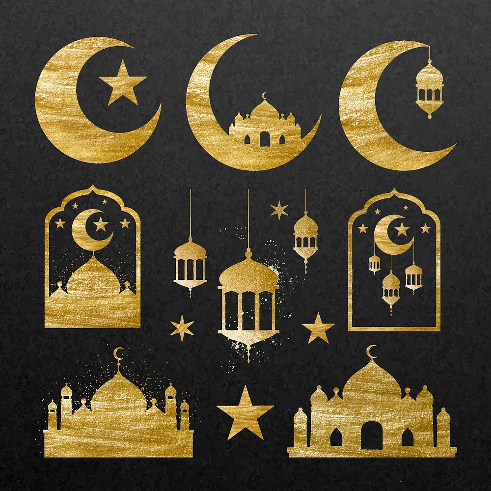 Festive gold Islamic design sticker set, vector