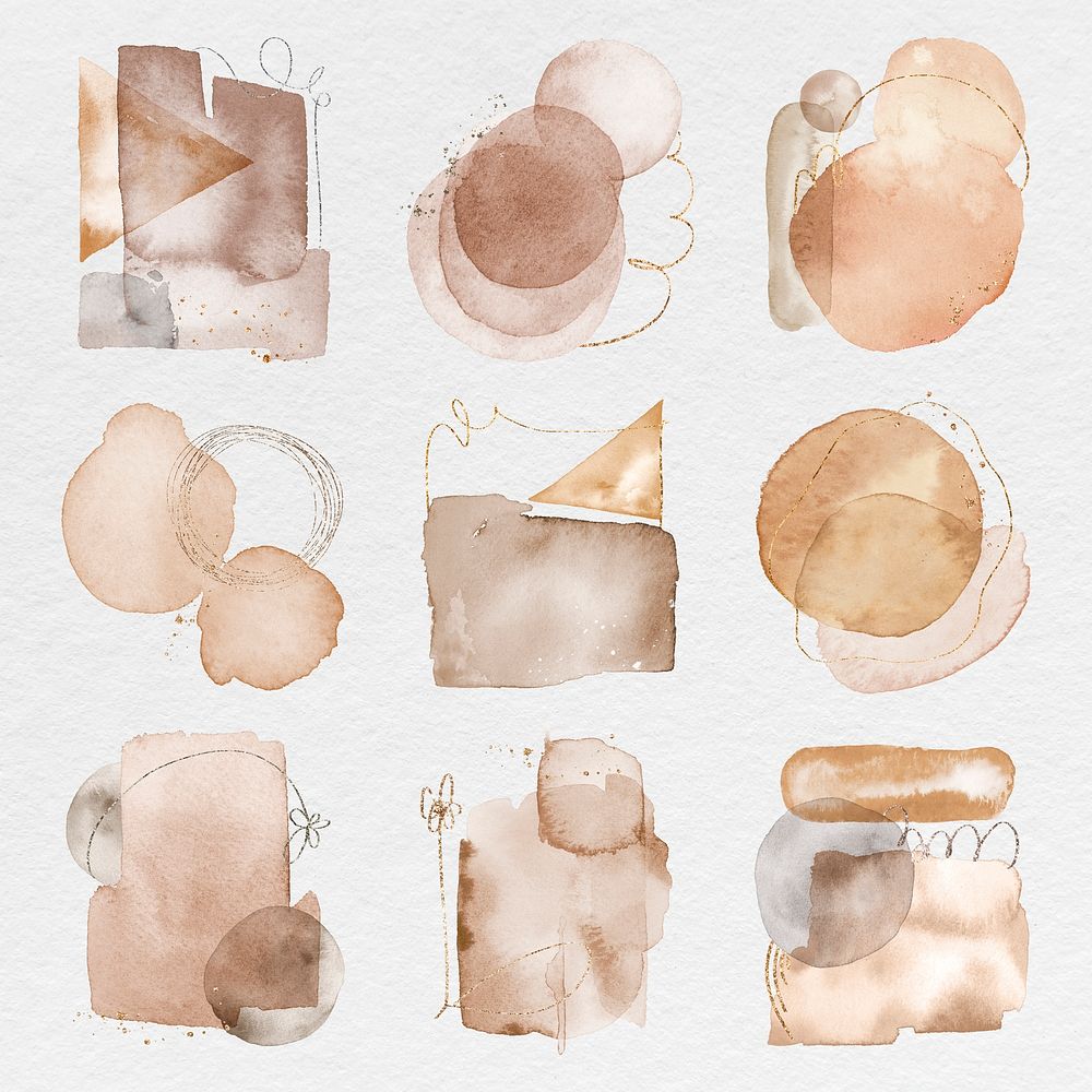 Brown geometric sticker, aesthetic watercolor design psd set