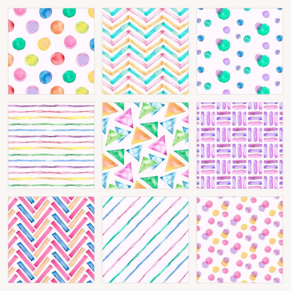 Bright geometric pattern, aesthetic watercolor design psd set