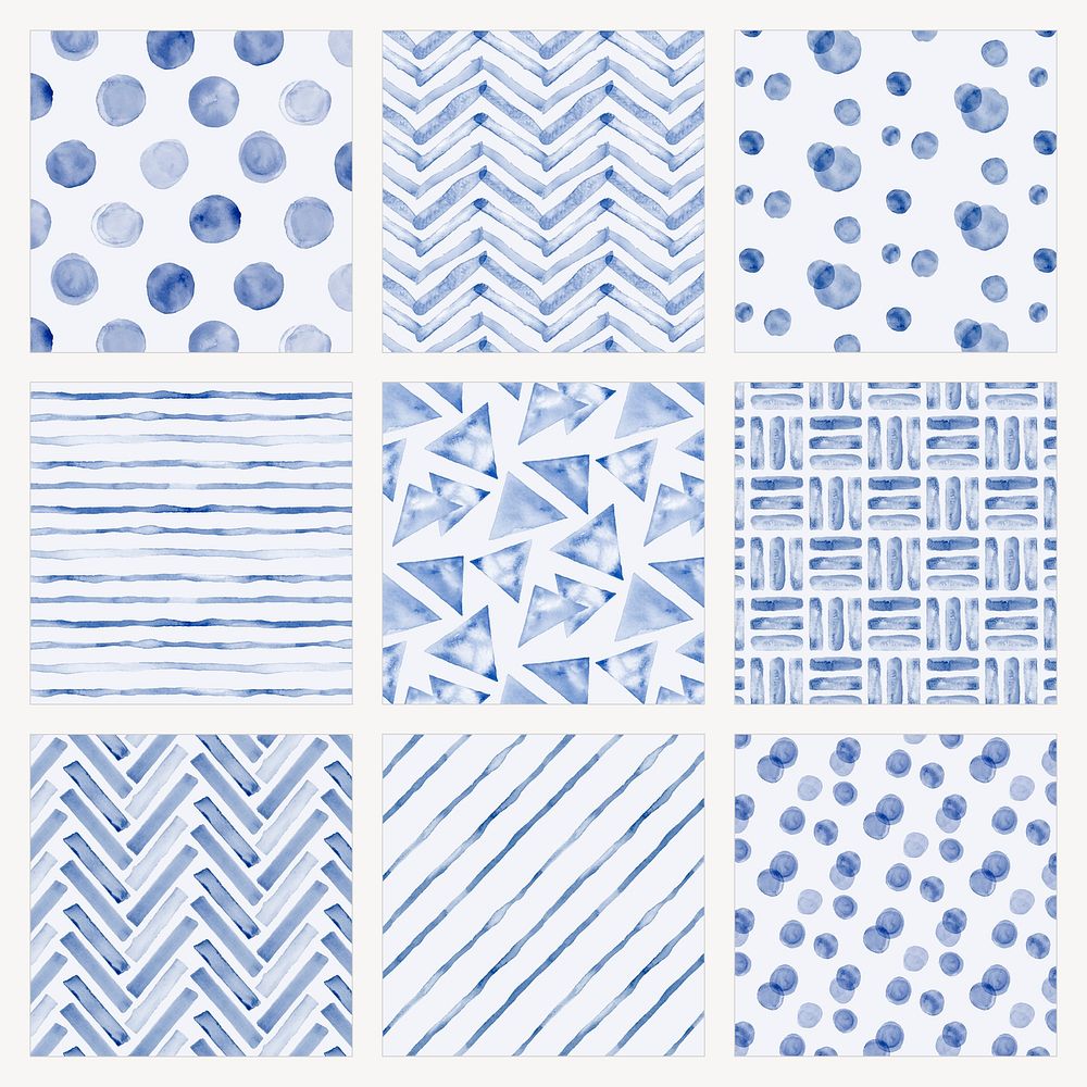 Blue geometric pattern, aesthetic watercolor design psd set