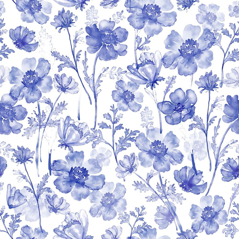 Floral background, seamless pattern watercolor blue anemone flower graphic