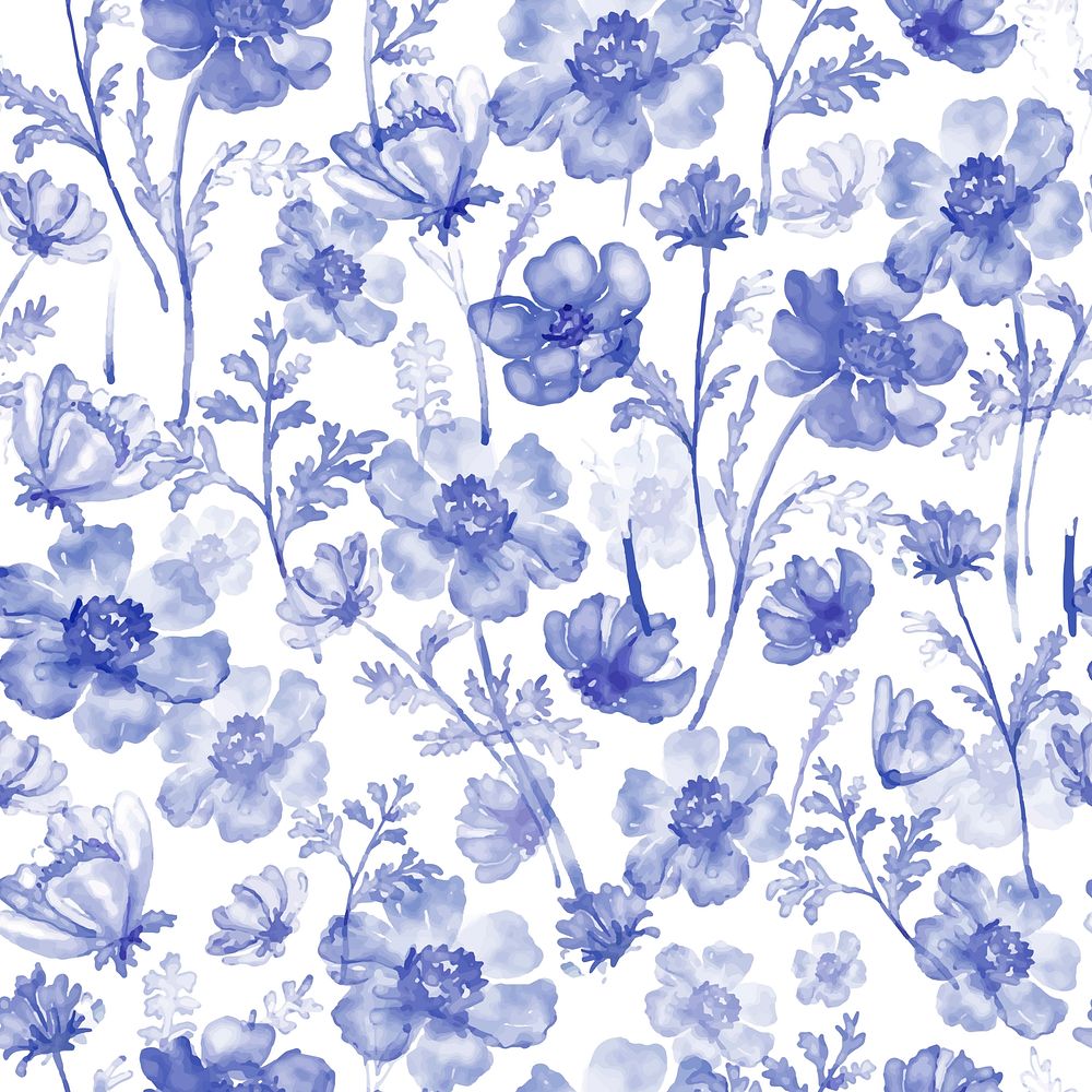 Floral background, seamless pattern watercolor blue anemone flower graphic vector
