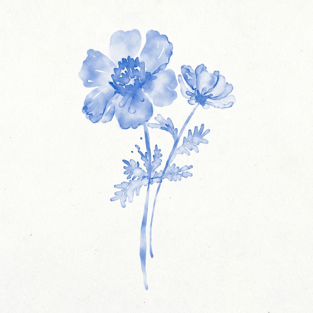 Blue flower clip art, floral watercolor design