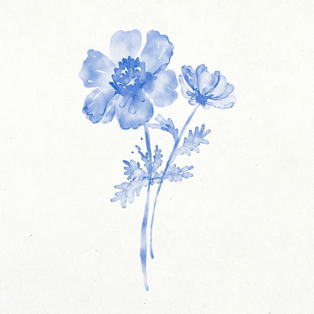 Flower clipart, watercolor blue illustration psd