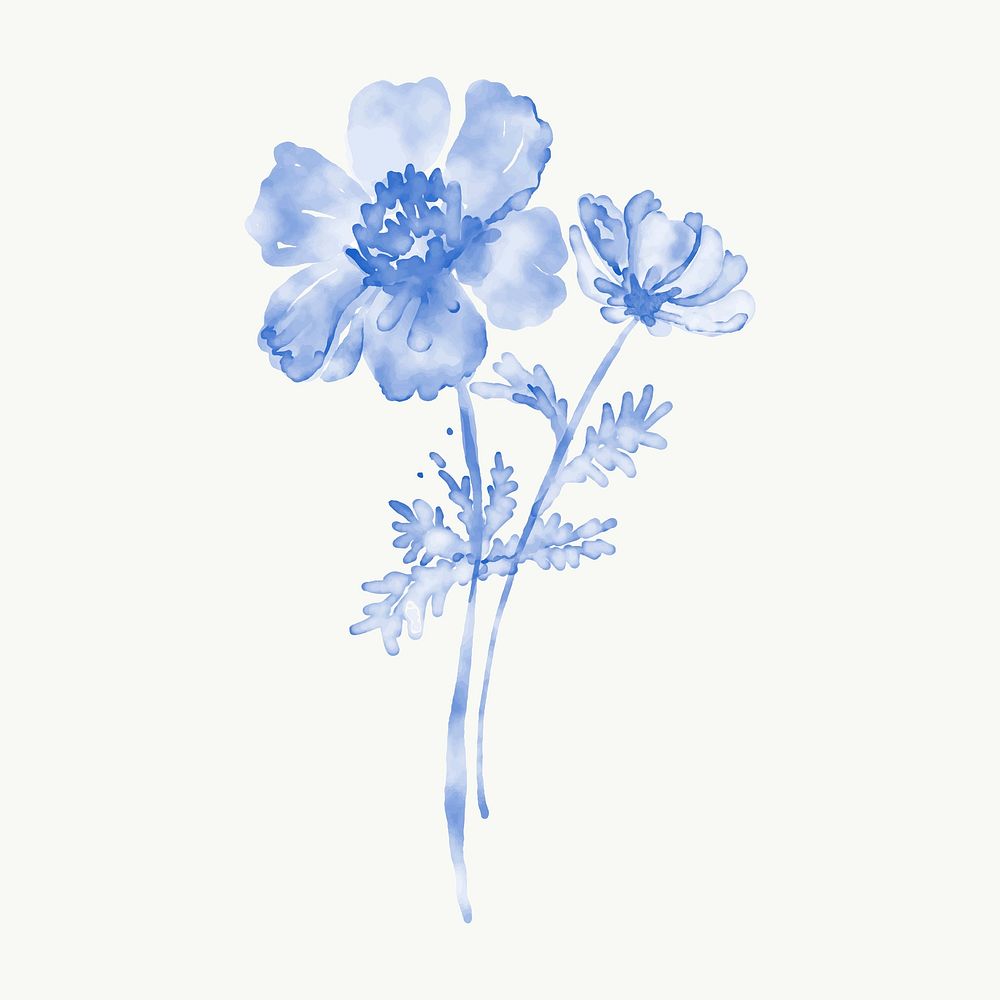 Blue flower sticker, floral watercolor design vector