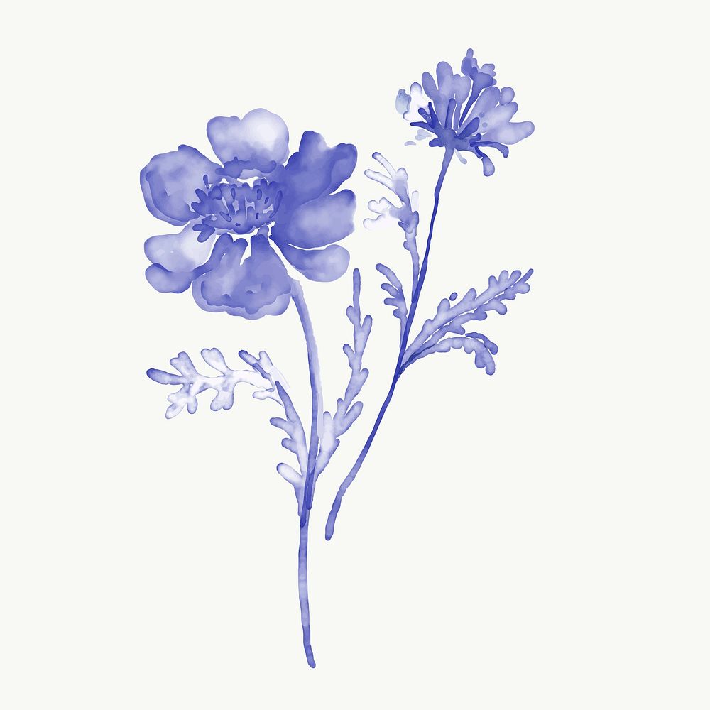 Purple flower sticker, floral watercolor design vector
