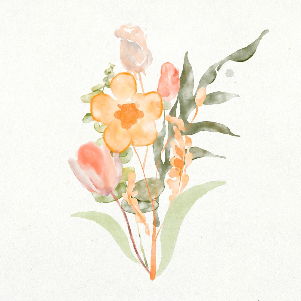 Orange flower bouquet sticker, aesthetic watercolor design psd