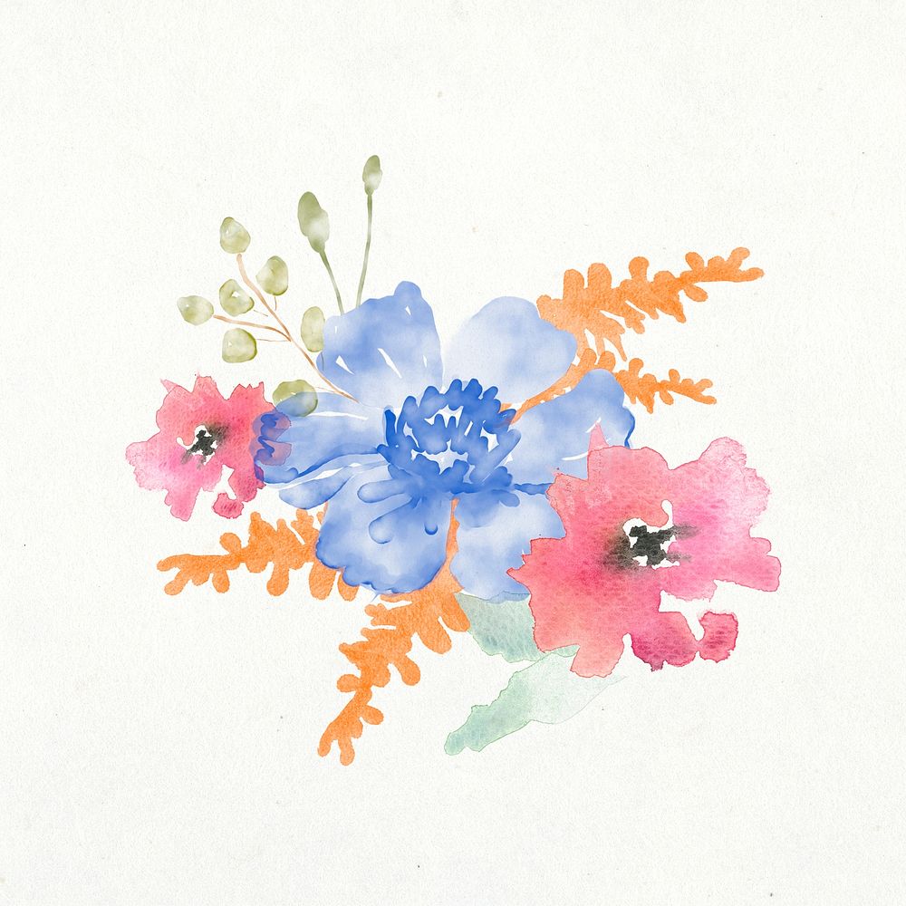 Blue flower sticker, floral watercolor design psd