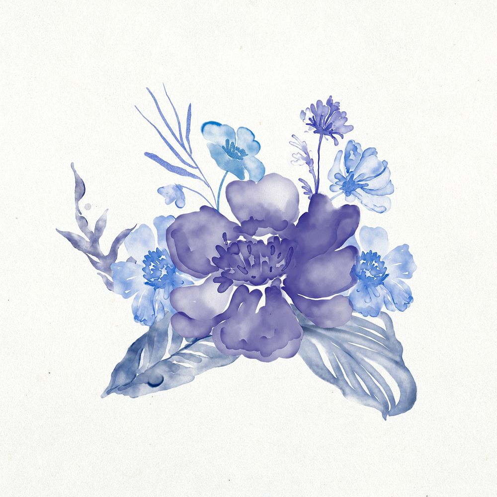 Purple flower sticker, floral watercolor design psd