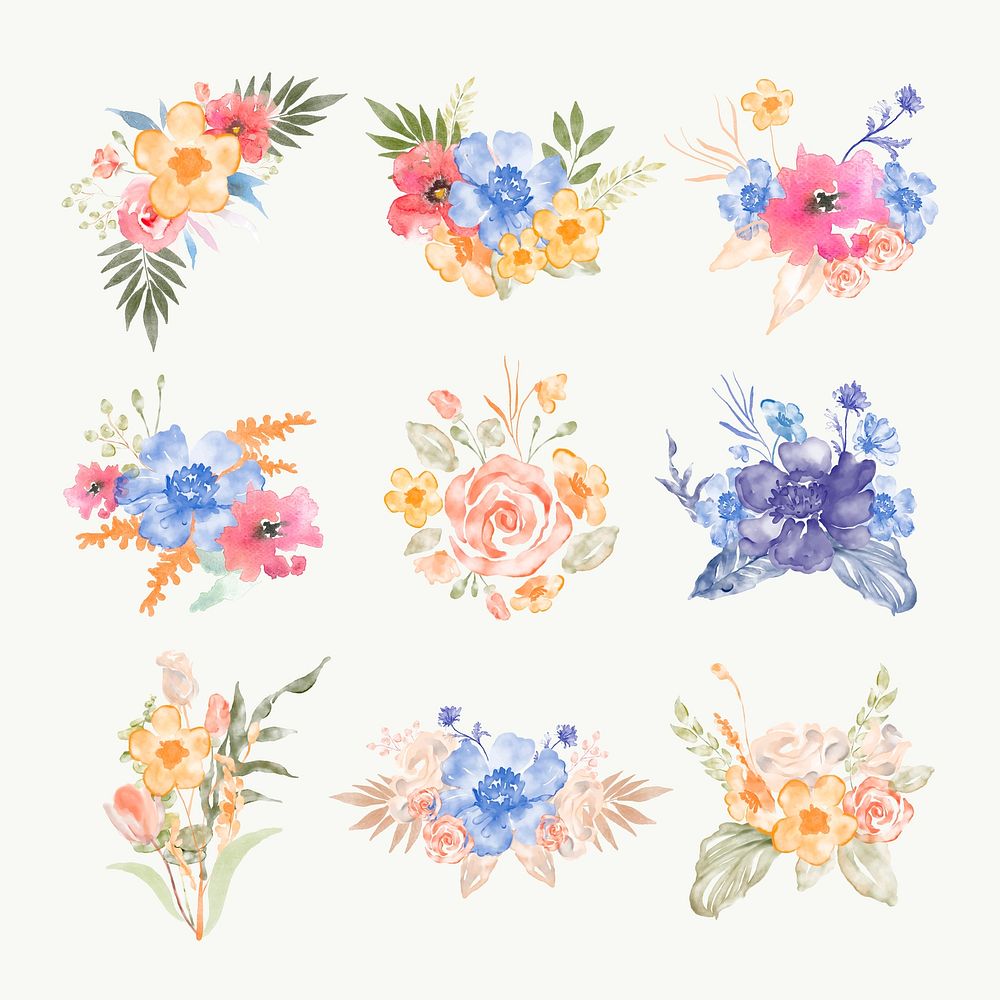 Flower bouquet png clipart, watercolor illustration vector set