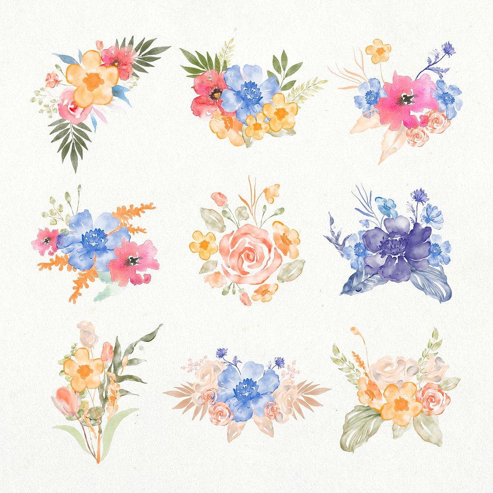 Flower bouquet png clipart, watercolor illustration psd set