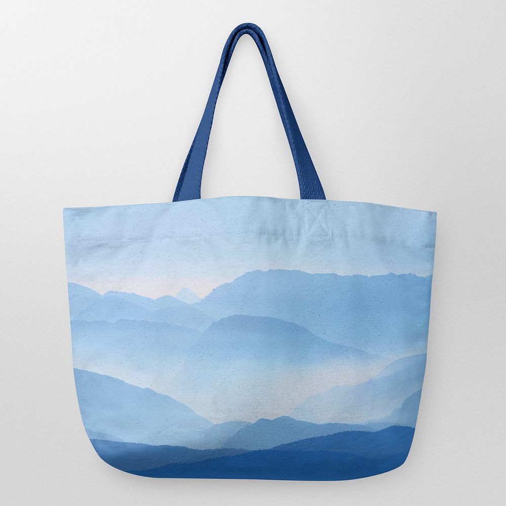 Aesthetic blue tote bag display close up photo