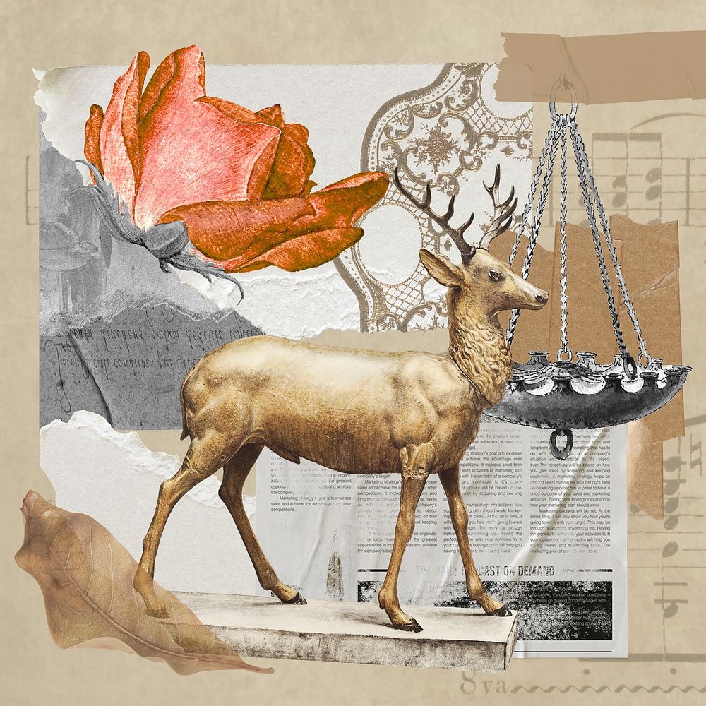 Vintage aesthetic ephemera collage, mixed media background featuring deer and rose psd