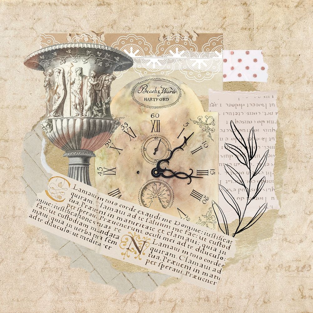Vintage aesthetic ephemera collage, mixed media background featuring goblet and clock psd