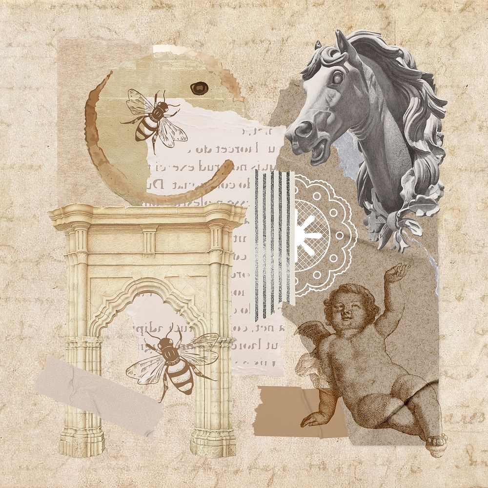 Vintage aesthetic ephemera collage, mixed media background featuring people and flower psd