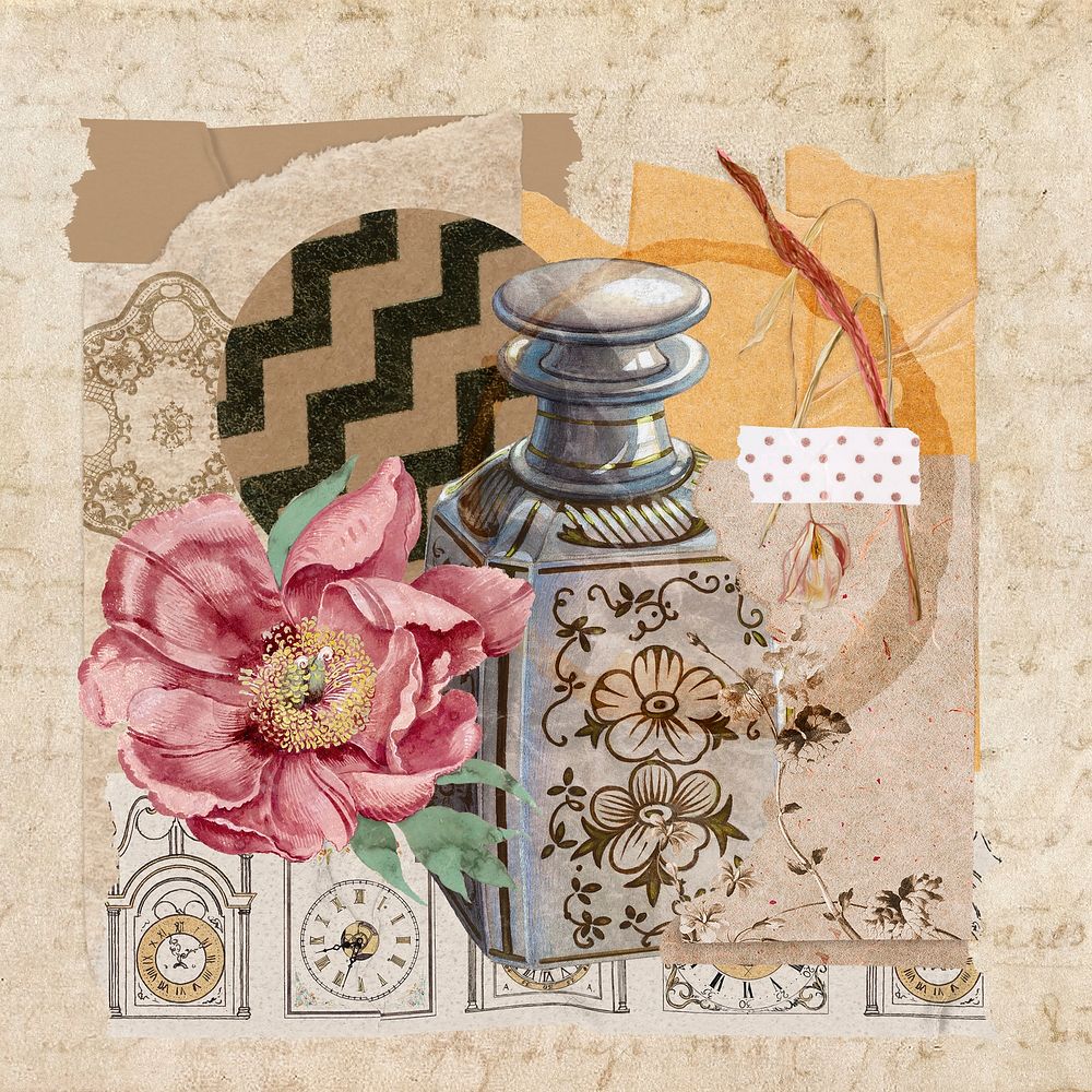 Vintage aesthetic ephemera collage, mixed media background featuring perfume bottle and flower psd