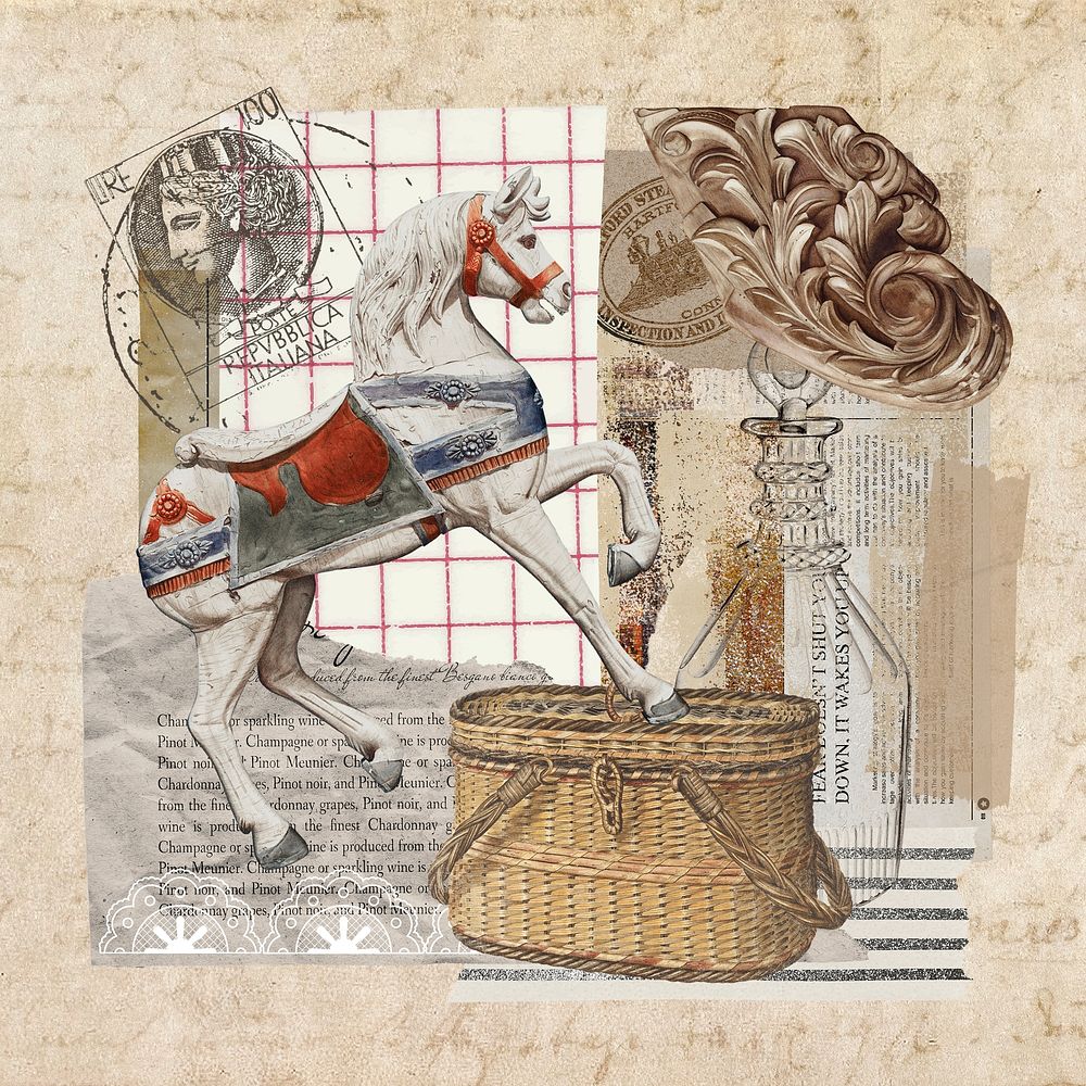 Vintage aesthetic ephemera collage, mixed media background featuring horse and basket psd