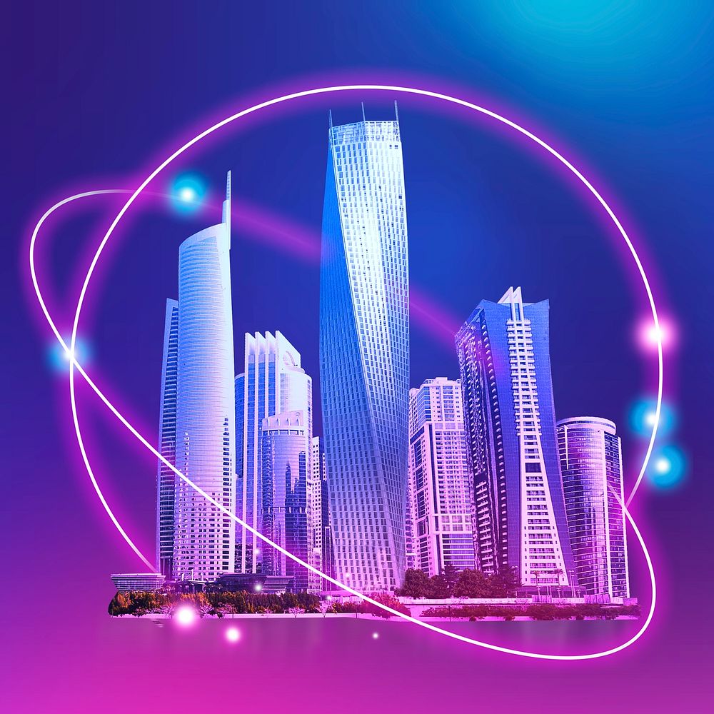 Online business connection, city skyline background psd