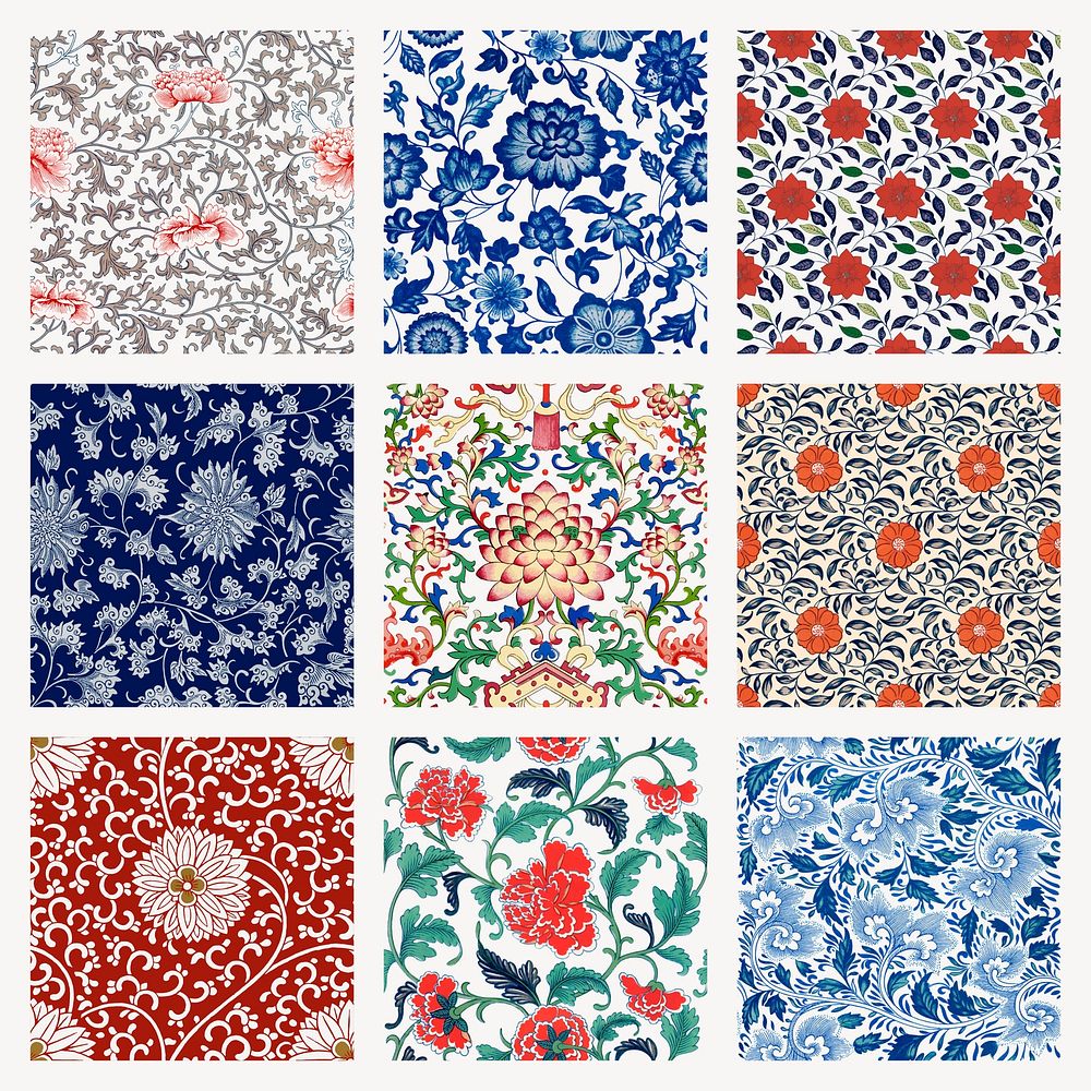 Chinoiserie flower seamless pattern background, ethnic Asian floral graphic vector set