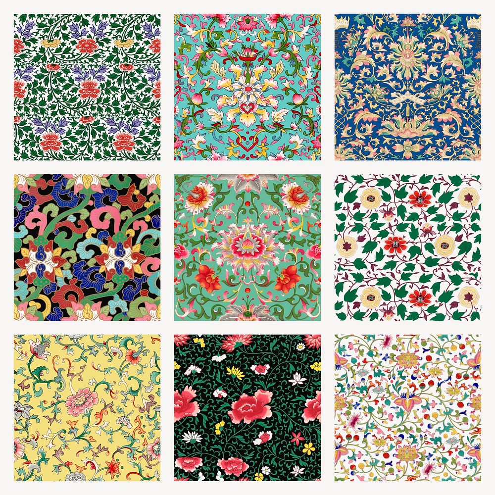 Oriental flower seamless pattern background, vintage colorful Chinese art psd set
