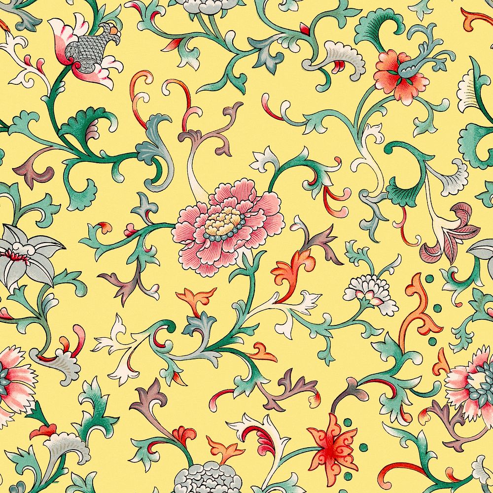 Chinoiserie yellow seamless pattern flower background, ethnic Asian flower graphic