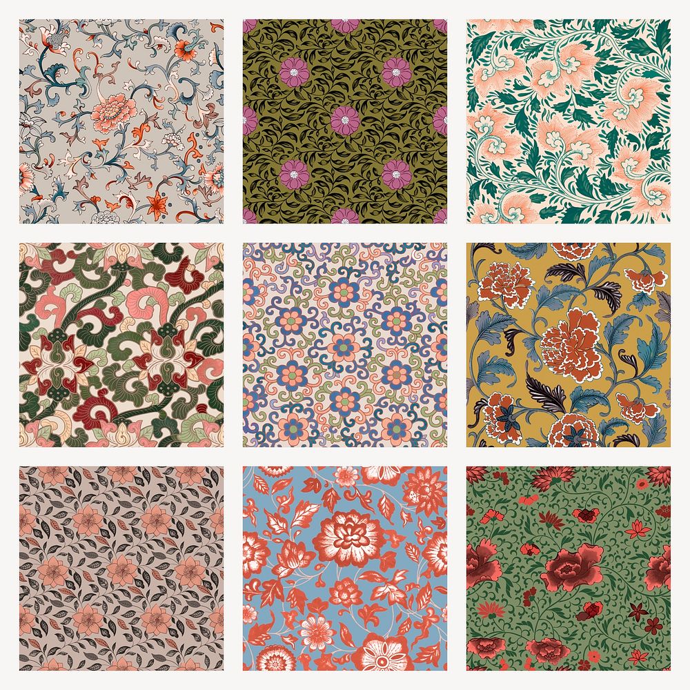 Chinoiserie flower seamless pattern background, ethnic Asian floral graphic vector set
