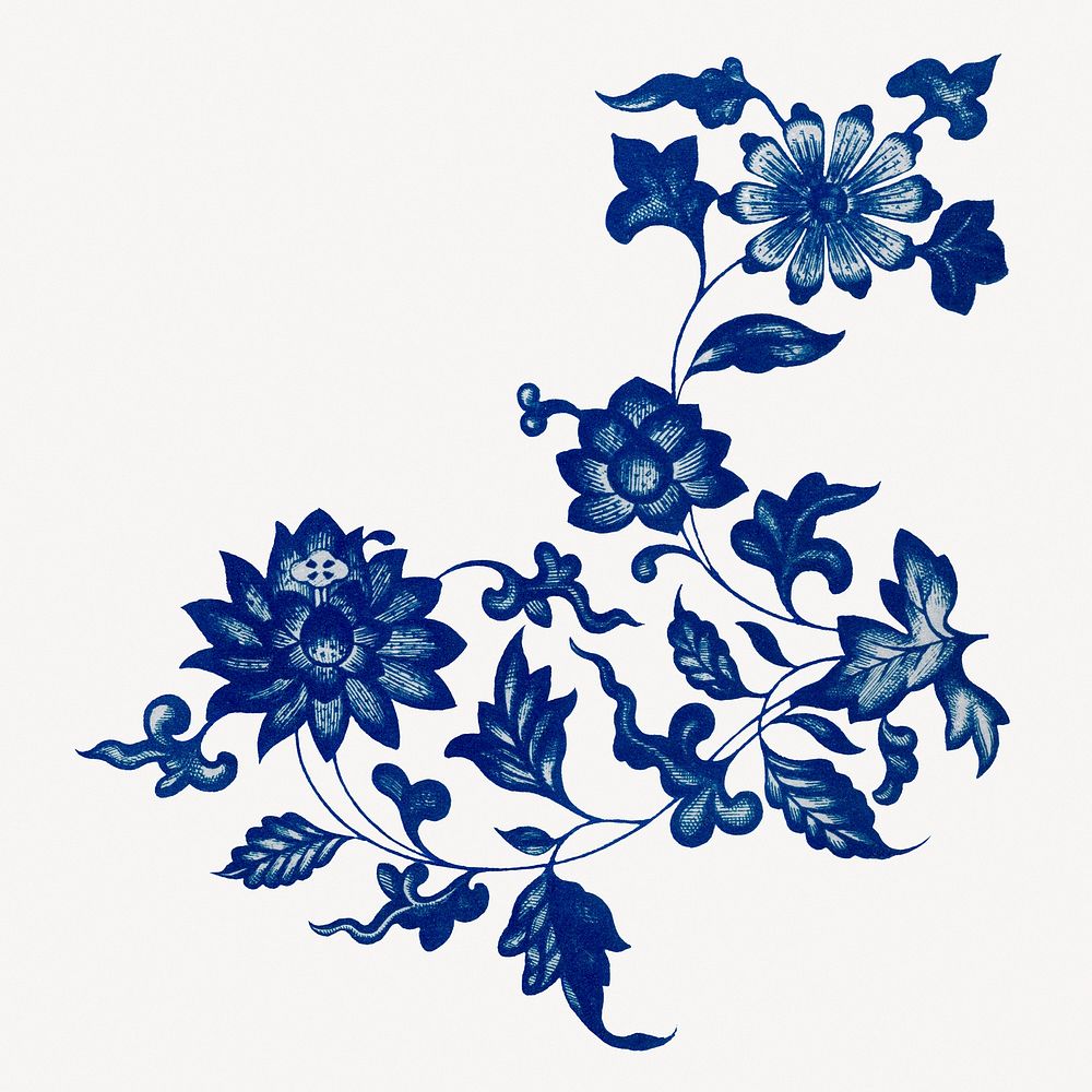 Blue flower collage element, vintage Chinese aesthetic illustration psd