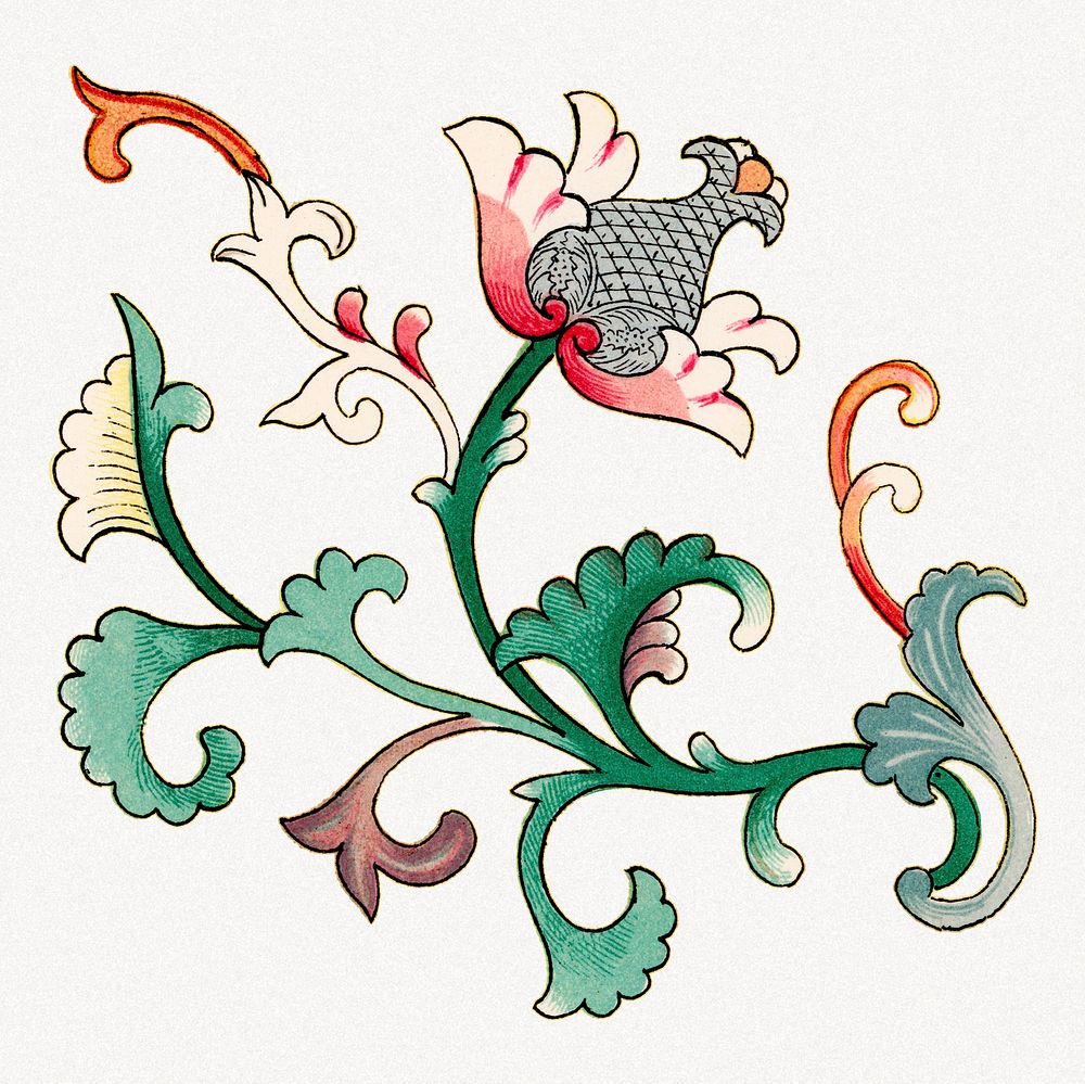 Oriental flower illustration, aesthetic illustration psd