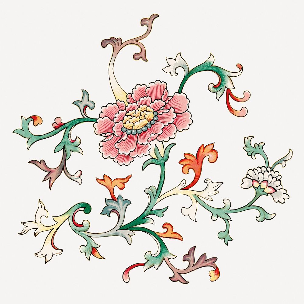 Pink flower collage element, vintage Chinese aesthetic illustration vector