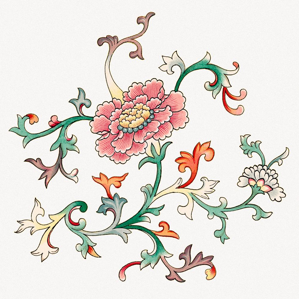 Pink flower illustration, vintage Chinese aesthetic design
