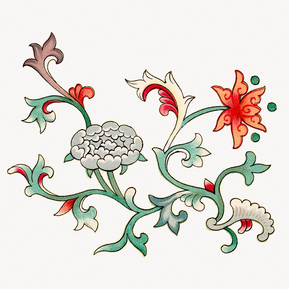 Gray flower illustration, vintage Chinese aesthetic graphic