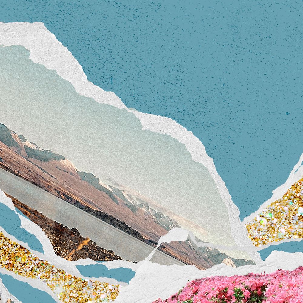 Ripped paper collage background, surreal landscape design