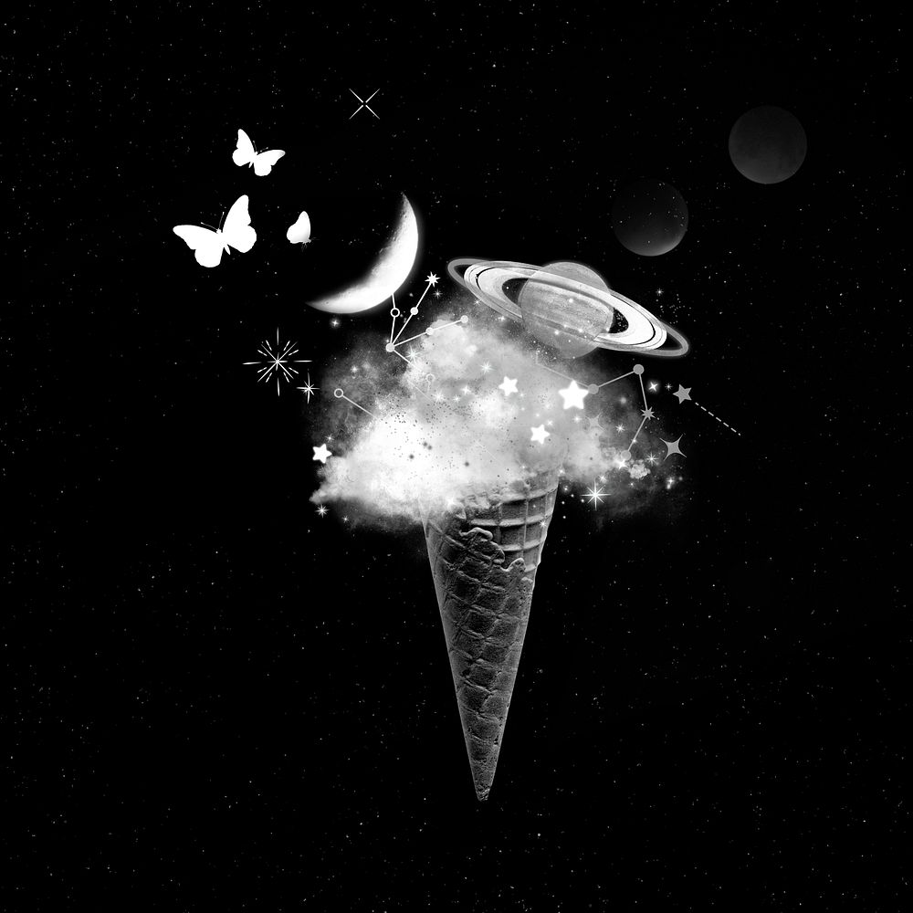 Cloudy ice cream collage element, grayscale psd