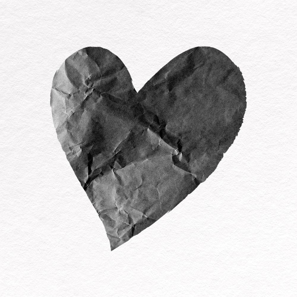 Black heart clipart, crumpled paper psd
