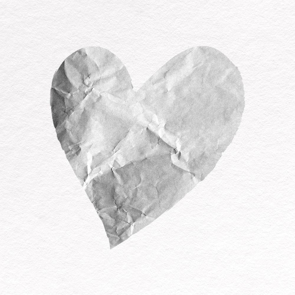 Gray heart clipart, crumpled paper psd