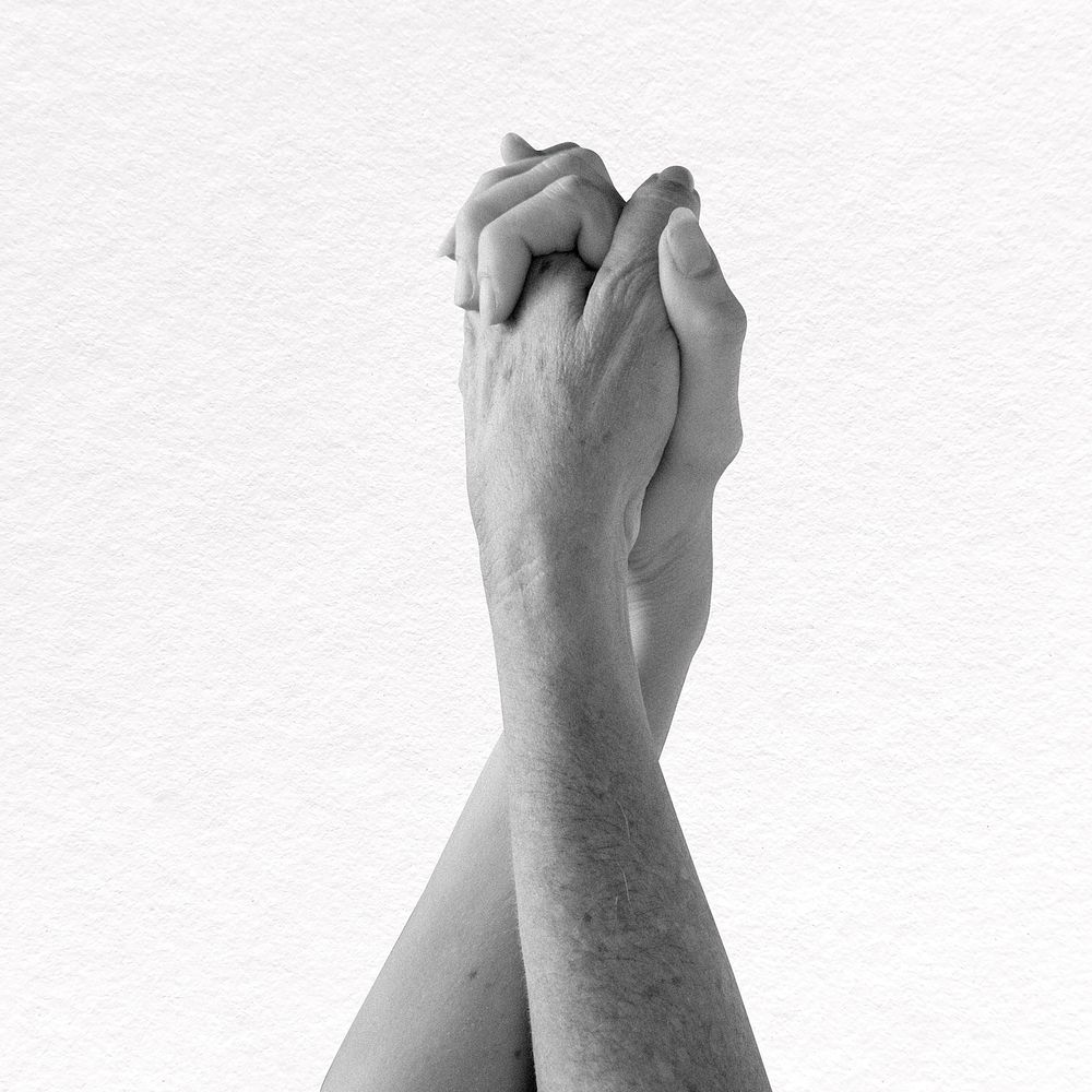 Clasped hands collage element, black and white psd