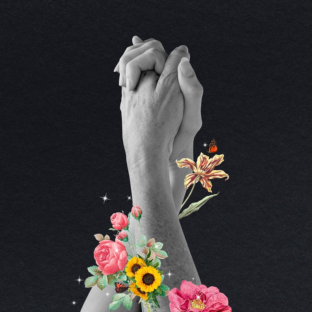 Holding hands collage element, flower mixed media psd