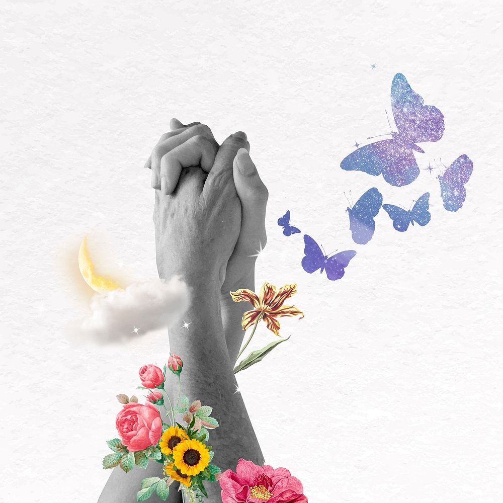 Clasped hands collage element, flower mixed media design vector