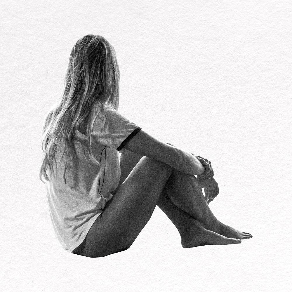 Grayscale woman collage element, depression psd