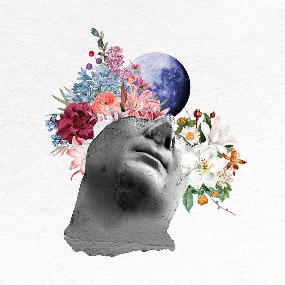 Surreal statue head collage element, flower psd